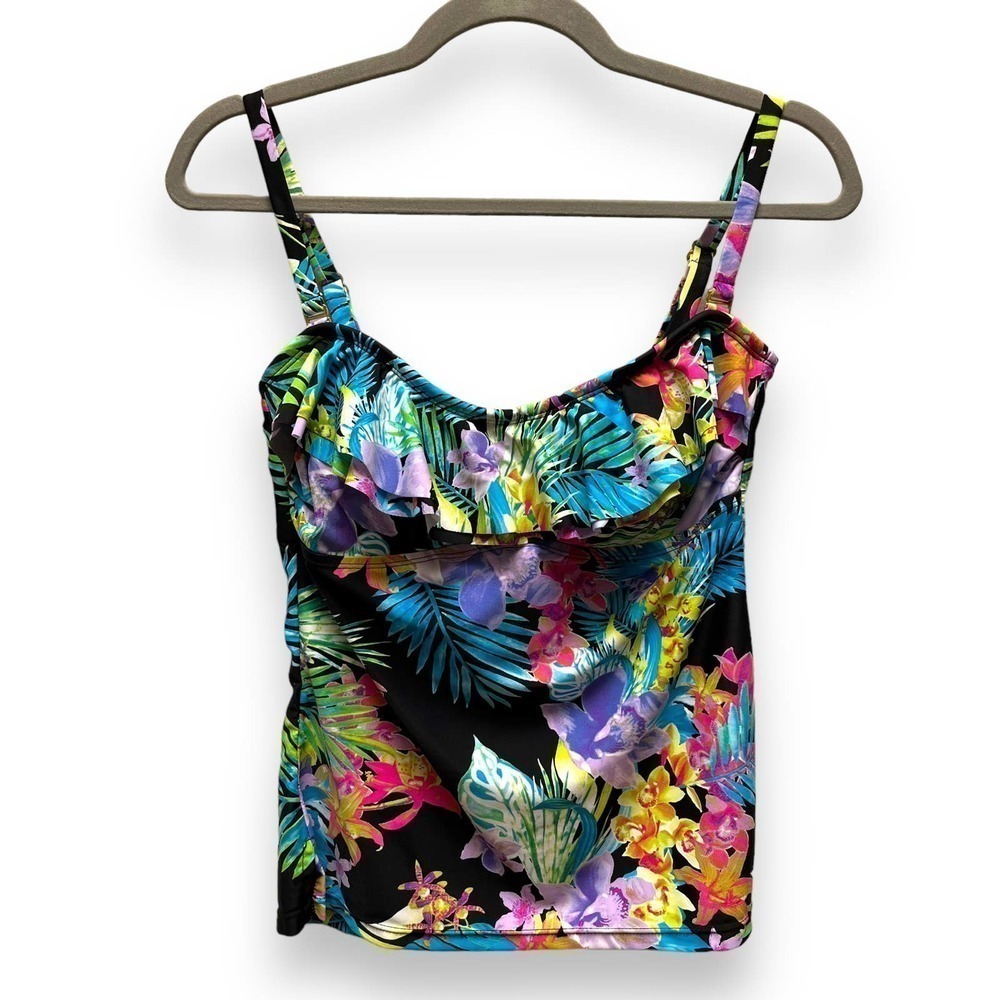 Island Escape Black Multi Color Tahiti Floral Bandini Tankini Top Size 8
